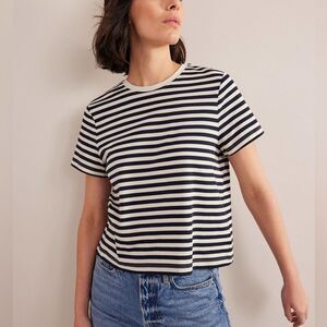 Boden Cropped Cotton T-Shirt Sz M White Black Stripe Relaxed Fit Nautical Casual